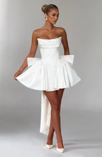 Strapless satin mini dress with draped neckline and oversized back bow - view 24