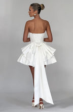 Strapless satin mini dress with draped neckline and oversized back bow - view 25