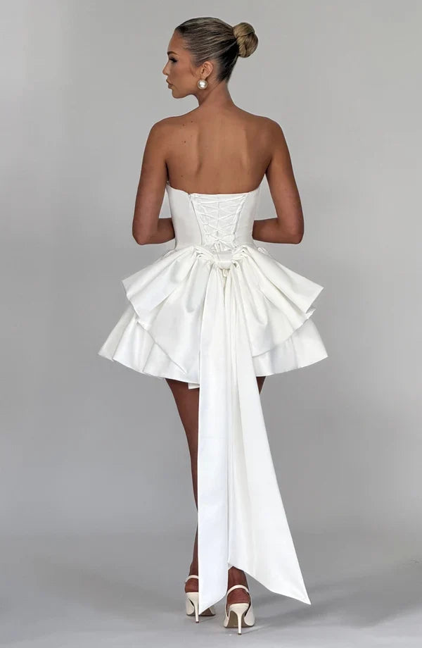 Strapless satin mini dress with draped neckline and oversized back bow - view 25