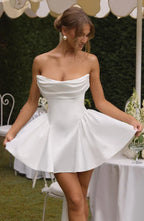 Strapless satin mini dress with draped neckline and oversized back bow - view 26