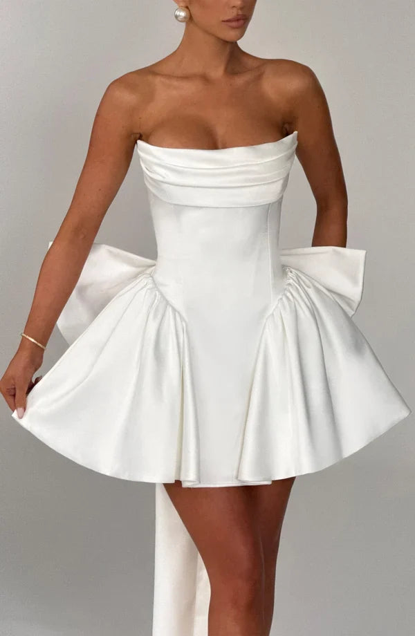 Strapless satin mini dress with draped neckline and oversized back bow - view 27