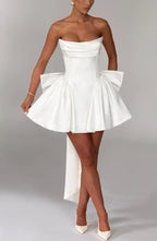 Strapless satin mini dress with draped neckline and oversized back bow - view 28