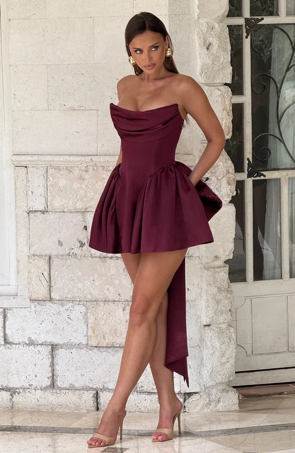 Strapless satin mini dress with draped neckline and oversized back bow - view 30