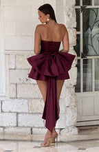 Strapless satin mini dress with draped neckline and oversized back bow - view 31
