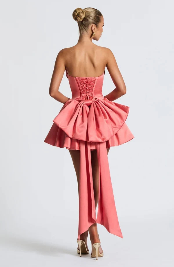 Strapless satin mini dress with draped neckline and oversized back bow - view 32