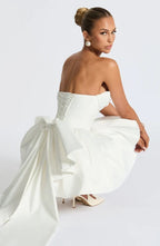 Strapless satin mini dress with draped neckline and oversized back bow - view 33