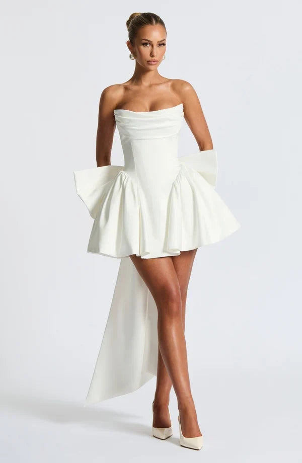 Strapless satin mini dress with draped neckline and oversized back bow - view 34