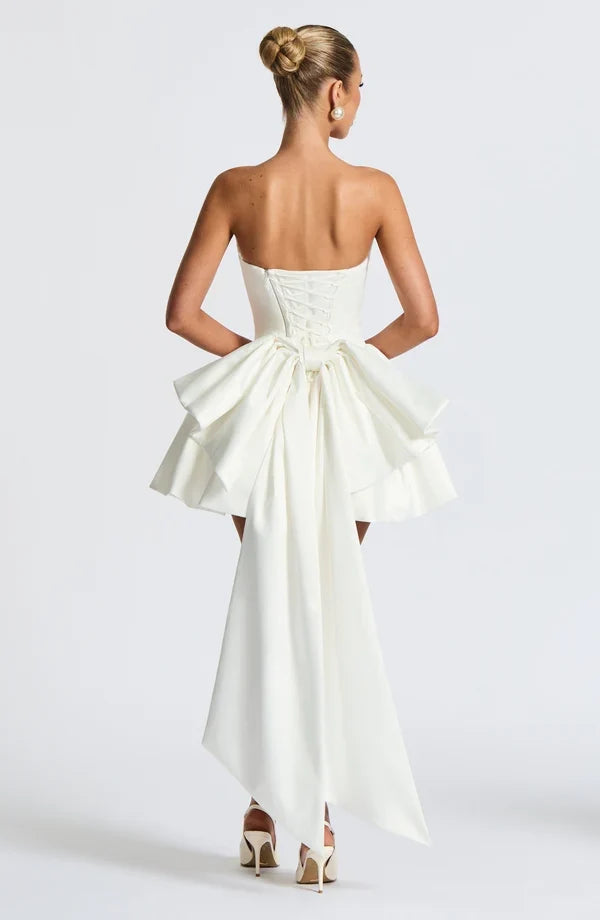 Strapless satin mini dress with draped neckline and oversized back bow - view 35