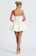 Strapless satin mini dress with draped neckline and oversized back bow - view 36