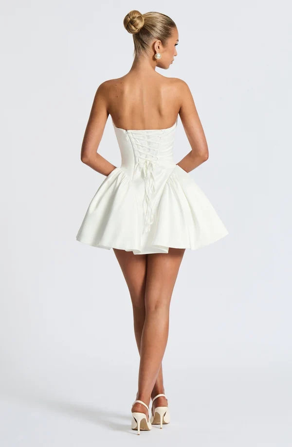 Strapless satin mini dress with draped neckline and oversized back bow - view 36
