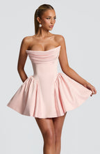 Strapless satin mini dress with draped neckline and oversized back bow - view 4