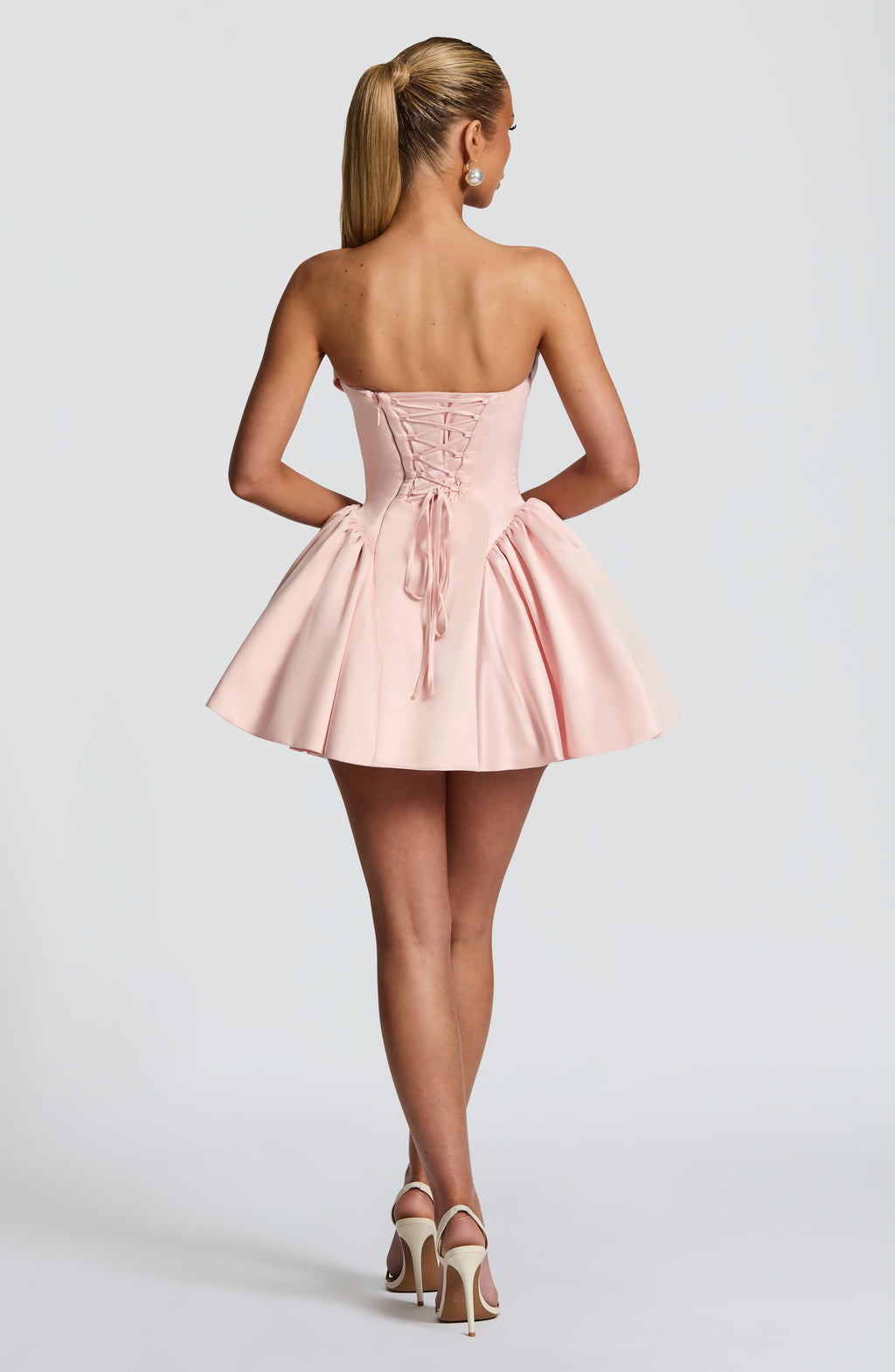 Strapless satin mini dress with draped neckline and oversized back bow - view 5