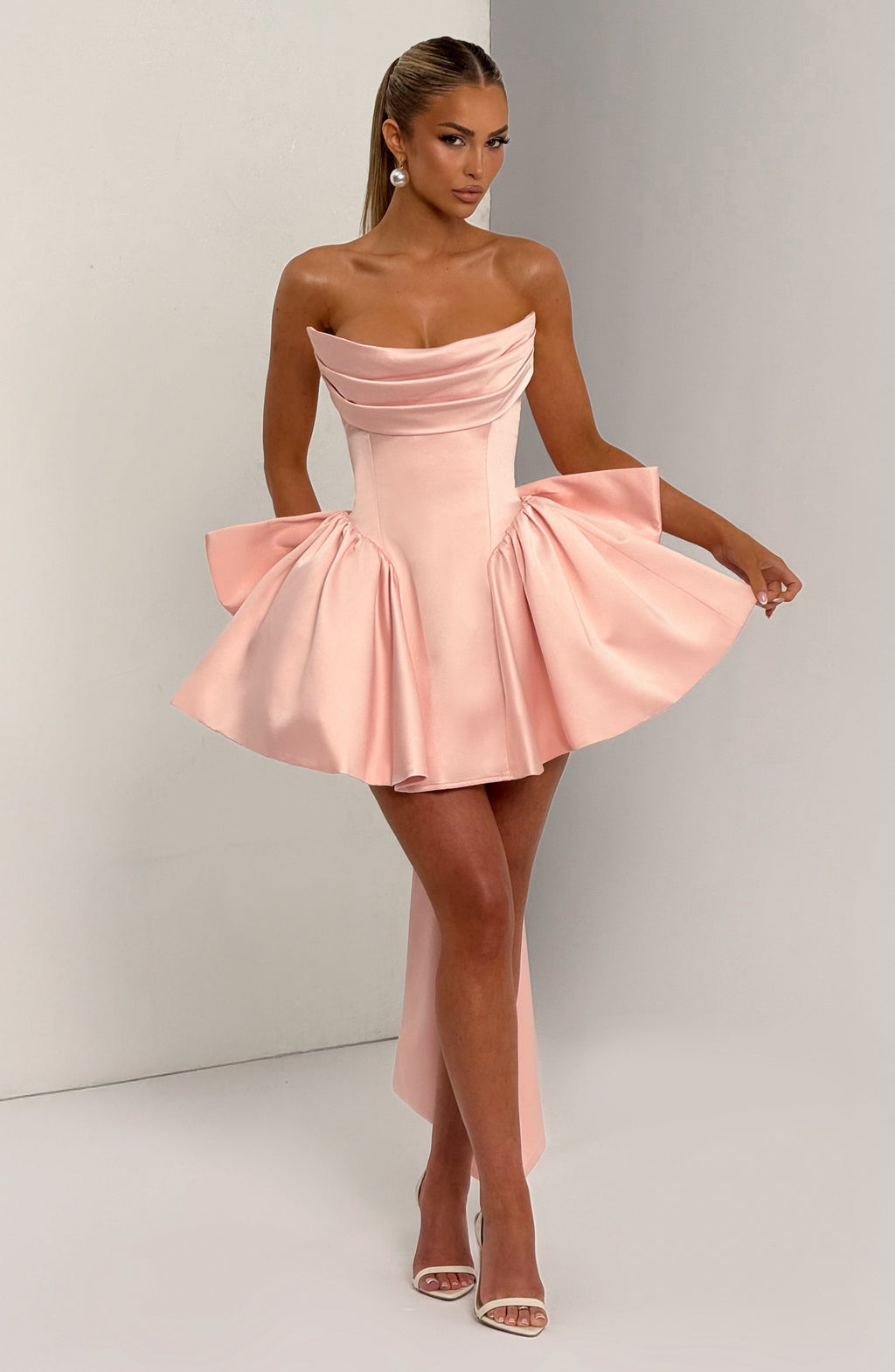 Strapless satin mini dress with draped neckline and oversized back bow - view 6