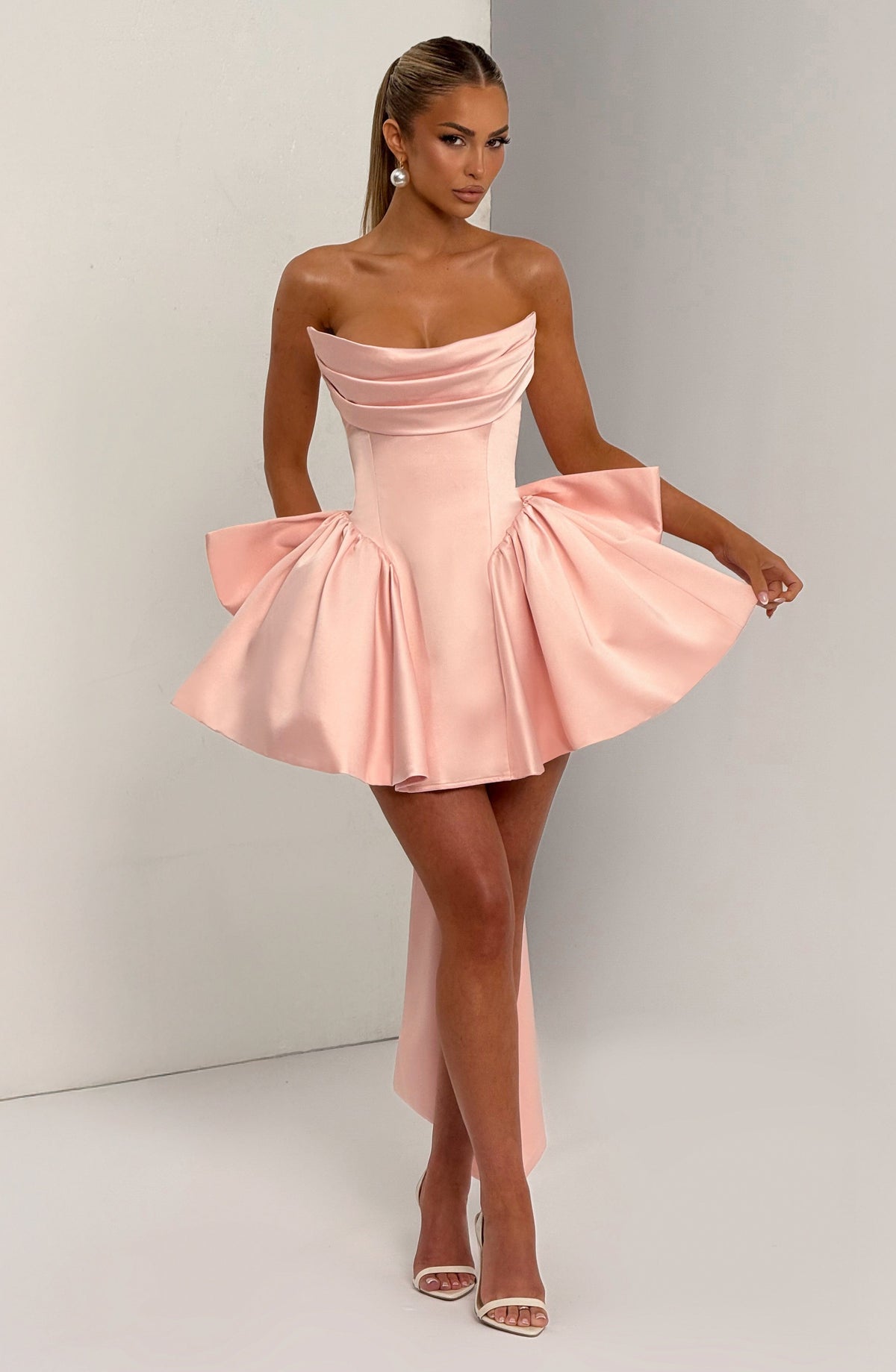 Strapless satin mini dress with draped neckline and oversized back bow - view 6