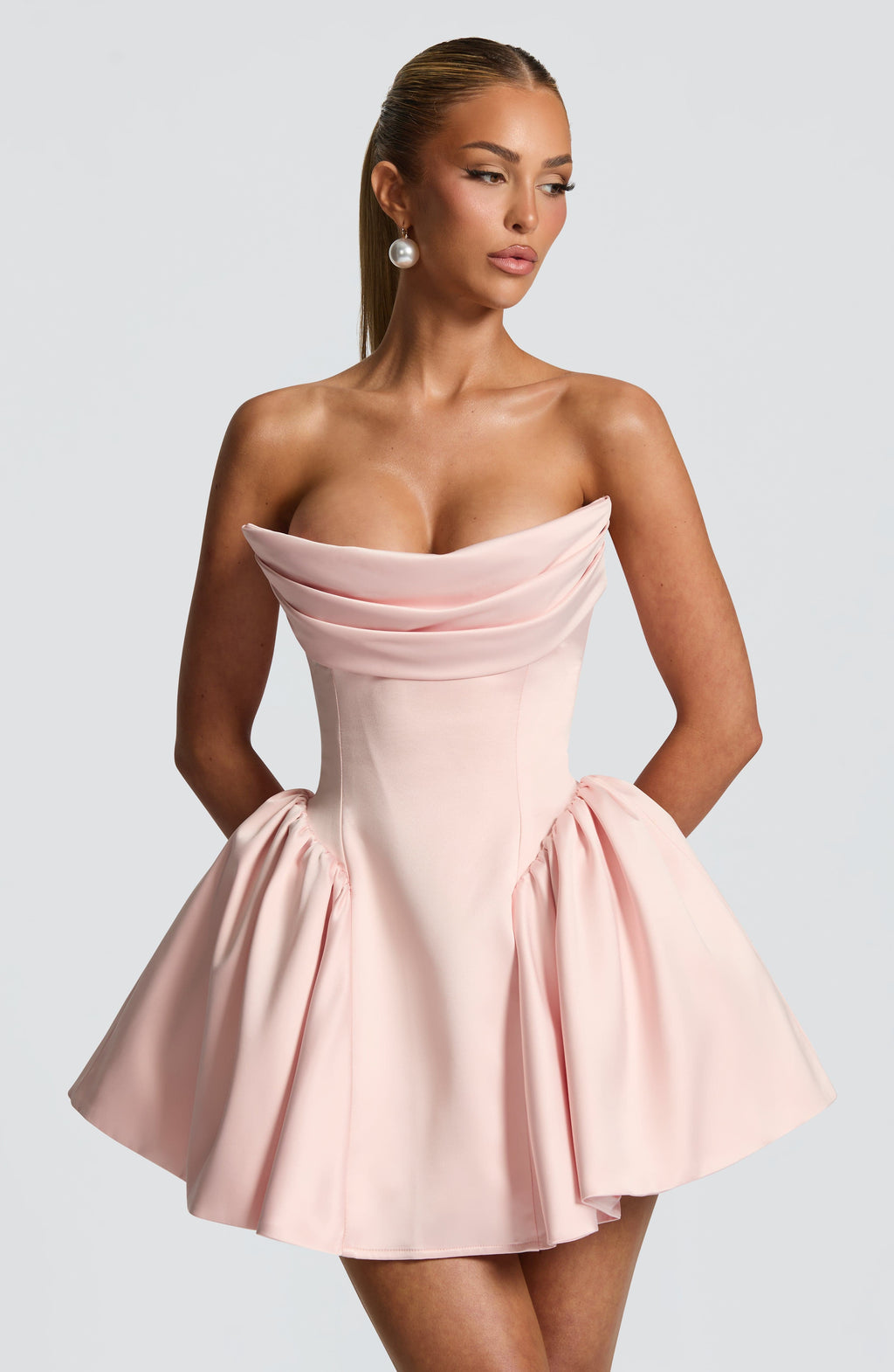 Strapless satin mini dress with draped neckline and oversized back bow - view 7