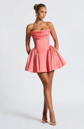 Strapless satin mini dress with draped neckline and oversized back bow - view 8