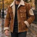 Brown suede-look zip up jacket for men with cream sherpa collar and cuffs