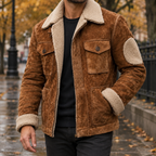 Brown suede-look zip up jacket for men with cream sherpa collar and cuffs