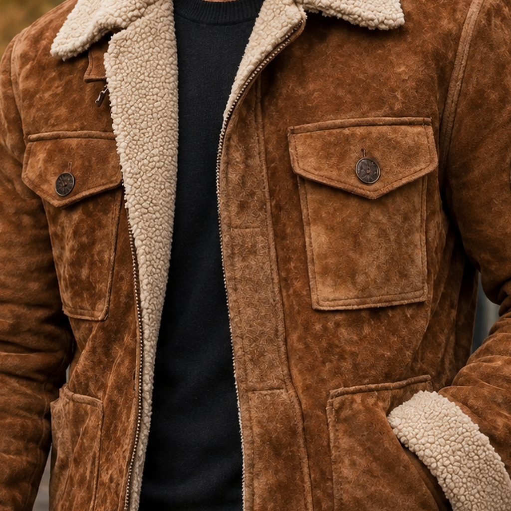 Brown suede-look zip up jacket for men with cream sherpa collar and cuffs - view 2