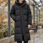Men's longline quilted puffer jacket with attached hood