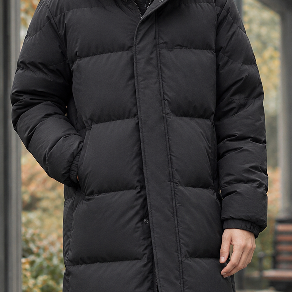 Men's longline quilted puffer jacket with attached hood - view 2