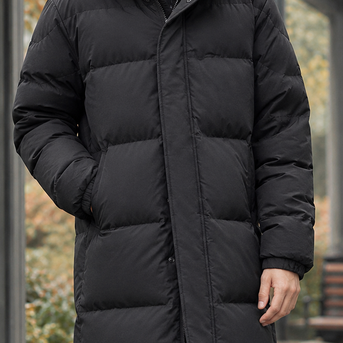 Men's longline quilted puffer jacket with attached hood - view 2