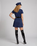 Women's navy police Halloween costume dress with tie, badge, peaked cap and black belt - view 3
