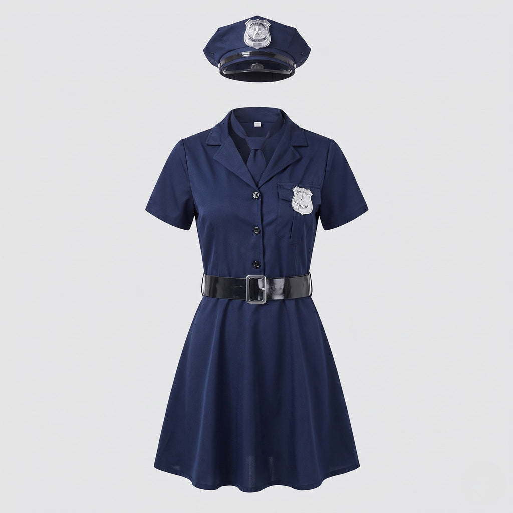 Women's navy police Halloween costume dress with tie, badge, peaked cap and black belt - view 4