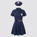 Women's navy police Halloween costume dress with tie, badge, peaked cap and black belt - view 4