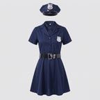 Women's navy police Halloween costume dress with tie, badge, peaked cap and black belt - view 4