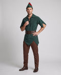 Men's green suede-look tunic Halloween costume with brown belt, brown pants and feathered hat