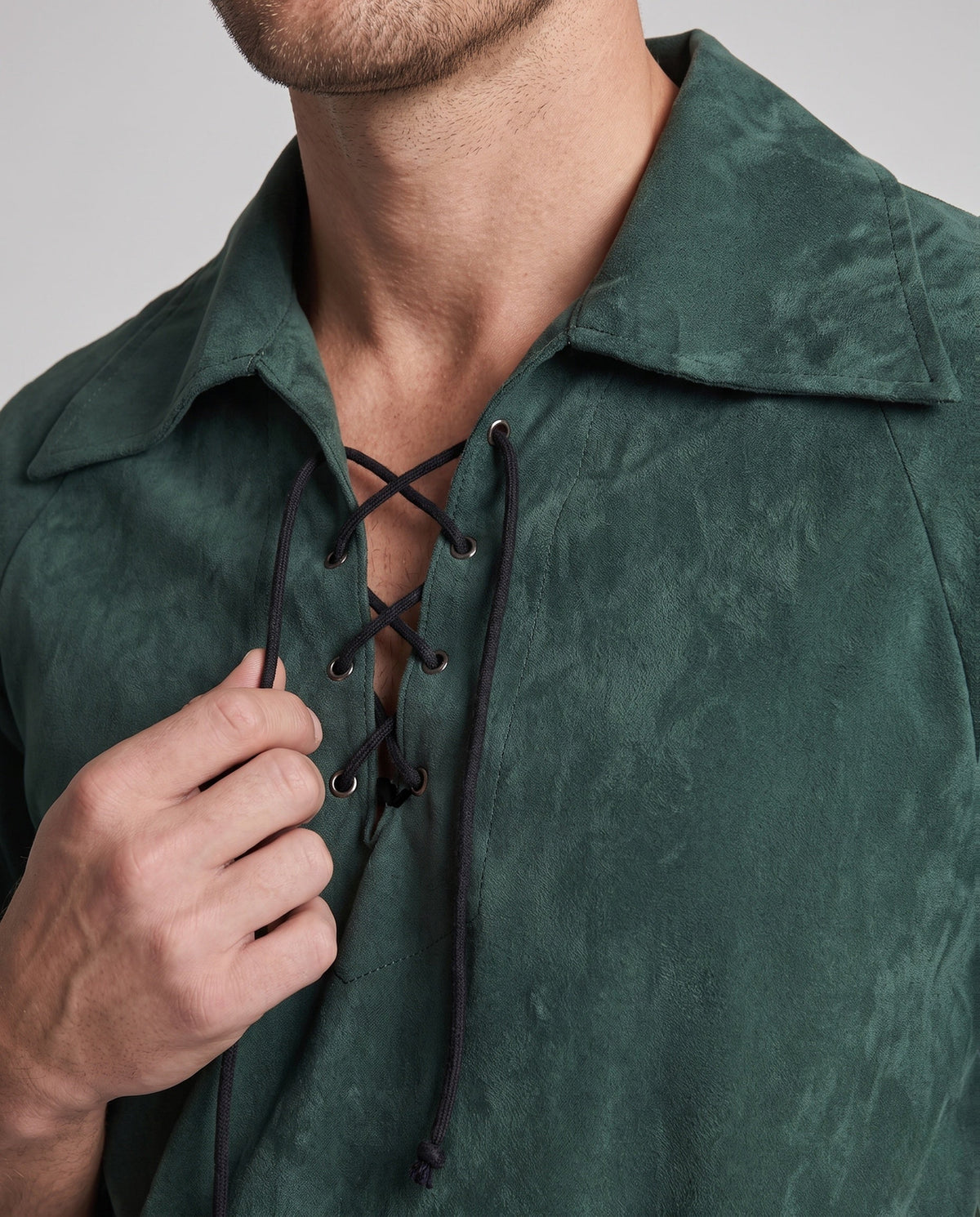 Men's green suede-look tunic Halloween costume with brown belt, brown pants and feathered hat - view 2