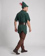 Men's green suede-look tunic Halloween costume with brown belt, brown pants and feathered hat - view 3
