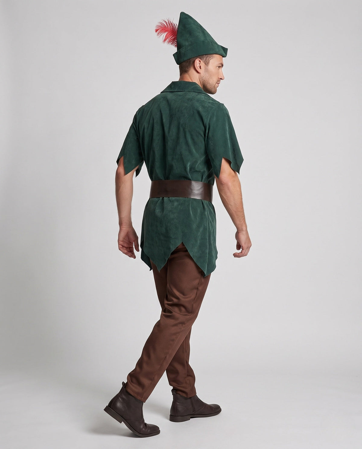 Men's green suede-look tunic Halloween costume with brown belt, brown pants and feathered hat - view 3