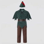 Men's green suede-look tunic Halloween costume with brown belt, brown pants and feathered hat - view 4