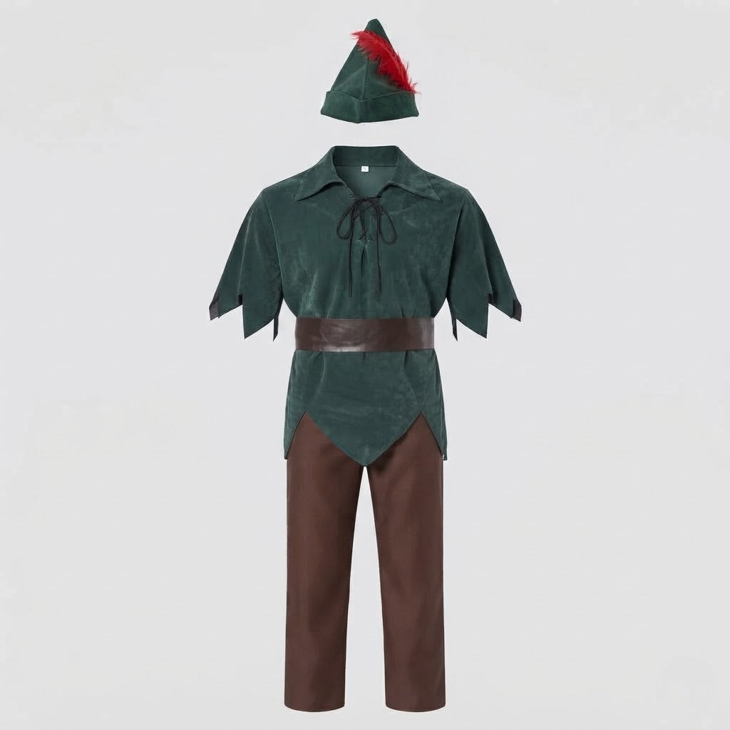 Men's green suede-look tunic Halloween costume with brown belt, brown pants and feathered hat - view 4