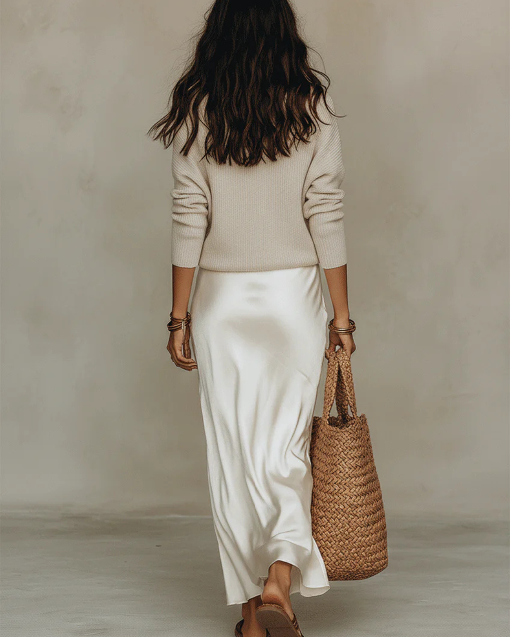 Woman wearing a satin slip dress with a ribbed V-neck sweater set - view 13