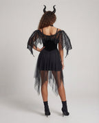 Black velvet corset dress with lace-up front and sheer tulle handkerchief skirt - view 3