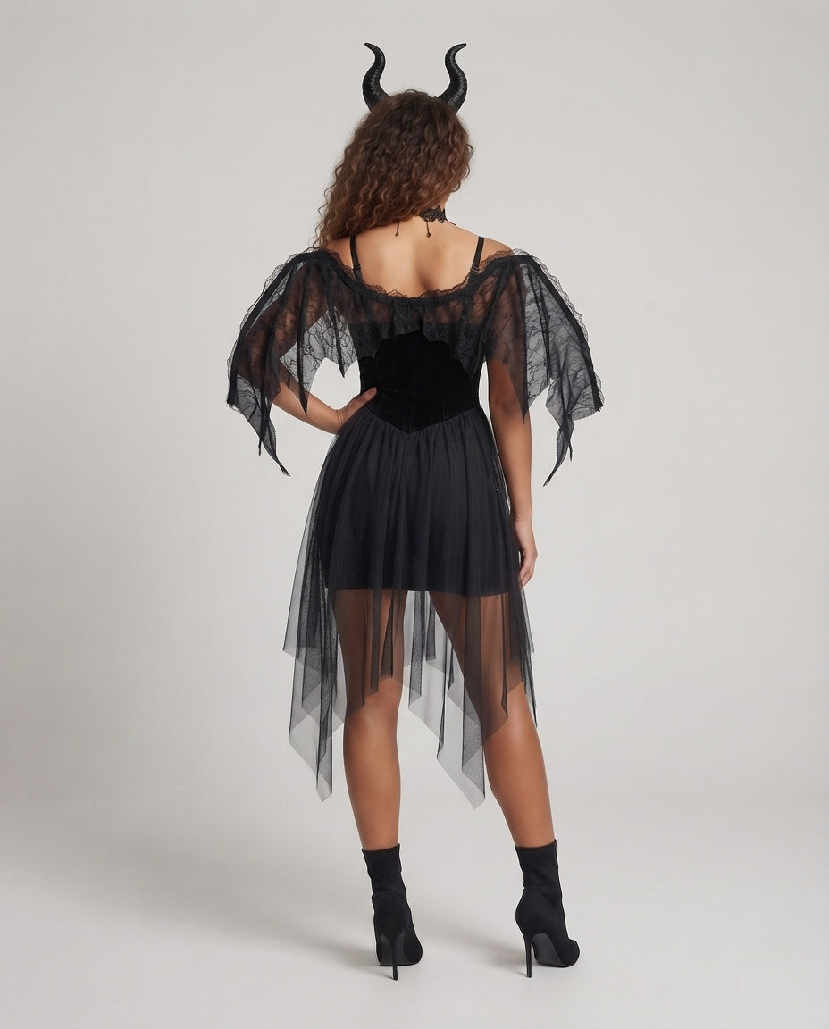 Black velvet corset dress with lace-up front and sheer tulle handkerchief skirt - view 3