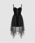 Black velvet corset dress with lace-up front and sheer tulle handkerchief skirt - view 4