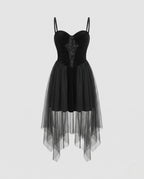 Black velvet corset dress with lace-up front and sheer tulle handkerchief skirt - view 4
