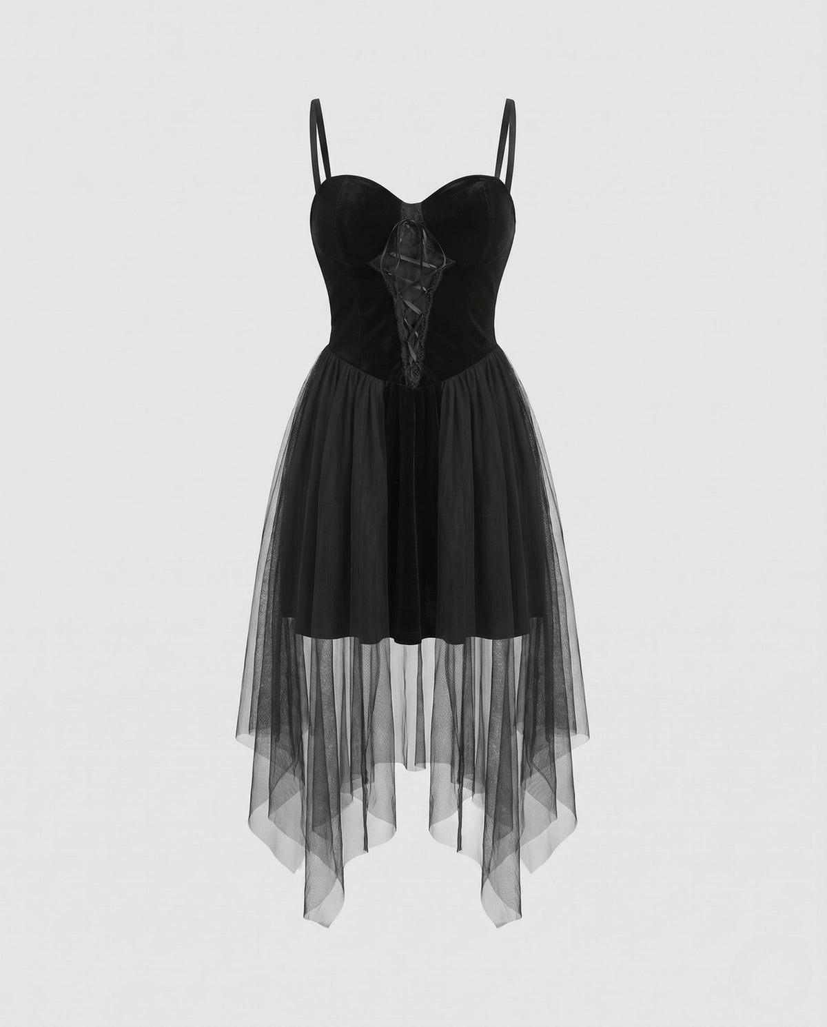 Black velvet corset dress with lace-up front and sheer tulle handkerchief skirt - view 4