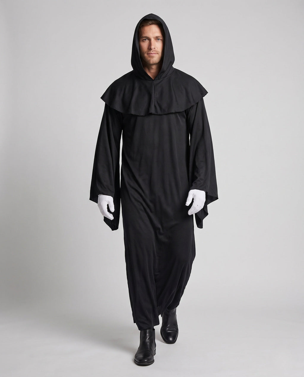 Men's black hooded robe Halloween costume with shoulder capelet and wide bell sleeves