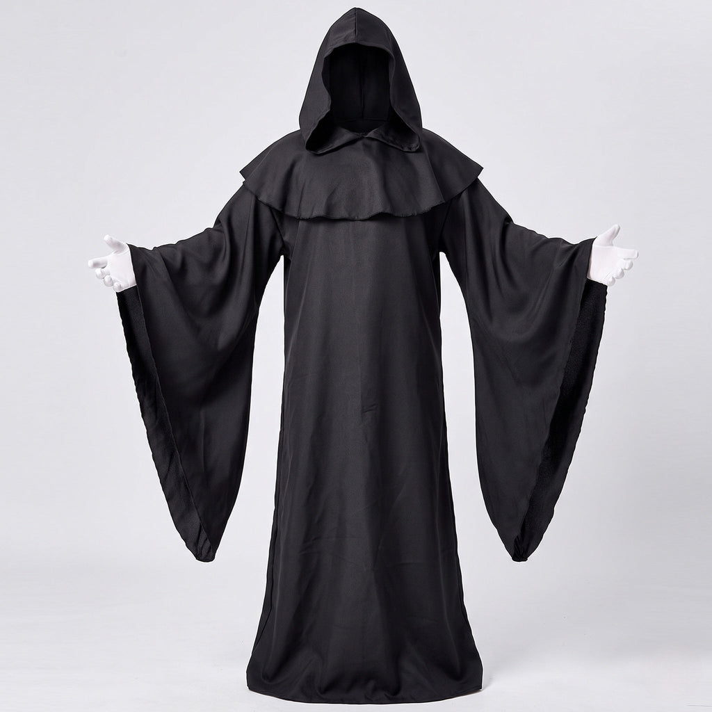 Men's black hooded robe Halloween costume with shoulder capelet and wide bell sleeves - view 4