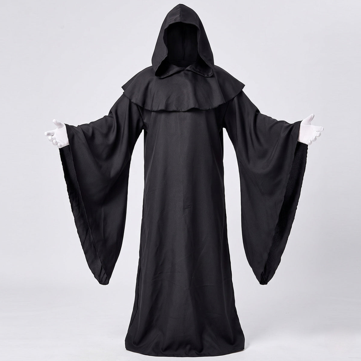 Men's black hooded robe Halloween costume with shoulder capelet and wide bell sleeves - view 4