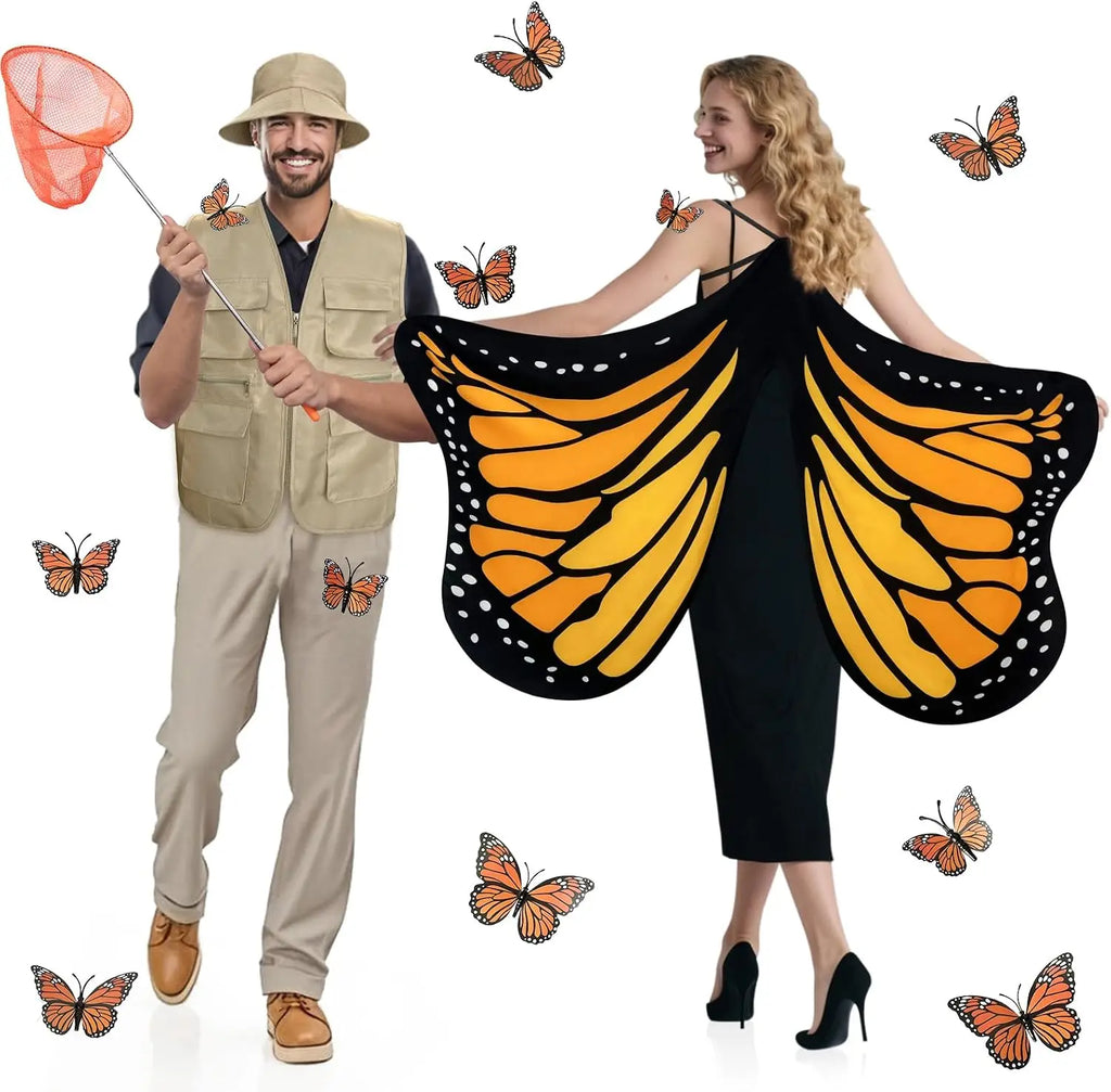 Butterfly and catcher couples Halloween costume with monarch wing cape, khaki vest, bucket hat and net