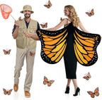 Butterfly and catcher couples Halloween costume with monarch wing cape, khaki vest, bucket hat and net