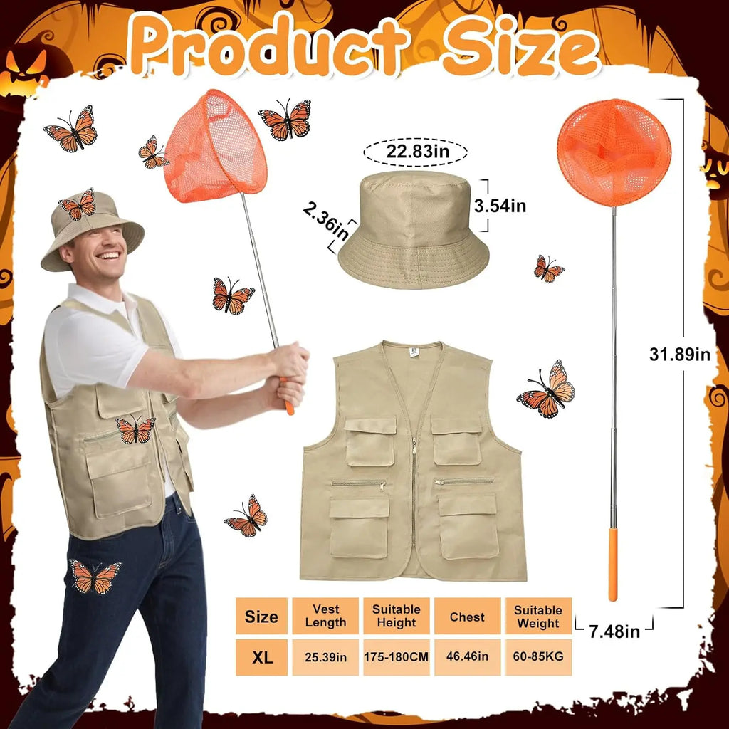 Butterfly and catcher couples Halloween costume with monarch wing cape, khaki vest, bucket hat and net - view 2
