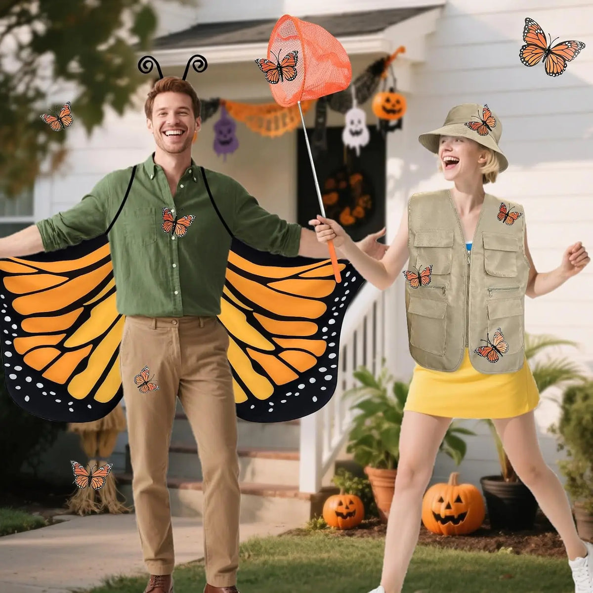 Butterfly and catcher couples Halloween costume with monarch wing cape, khaki vest, bucket hat and net - view 4