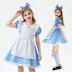 Girl wearing a blue costume dress with white apron, Peter Pan collar, puff sleeves and lace-trimmed hem - view 3